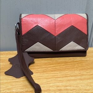 Chevron Colorblock Leather Wristlet Clutch in Brown and Pink